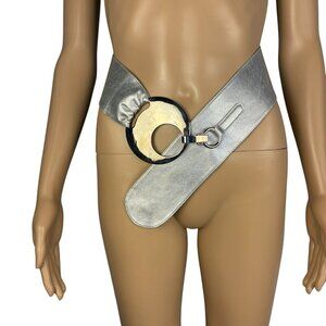 Wide Silver Faux Leather Belt W/ Big Silver Buckle by Robako Ceintures Sz 36”